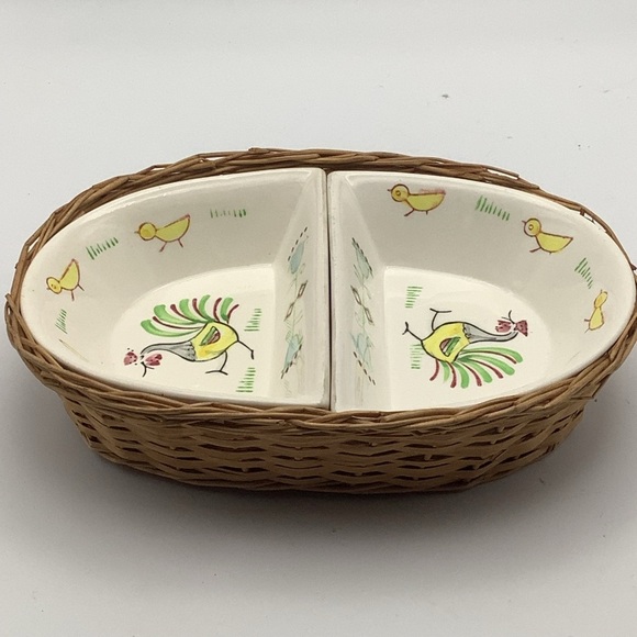Vintage Japan Rooster and Chick Split Dish in a Basket - Picture 3 of 7